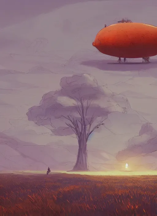 Image similar to cartoon of a giant orange object in the middle of a field, concept art by moebius, artstation, context art, 2 d game art, concept art, sci - fi