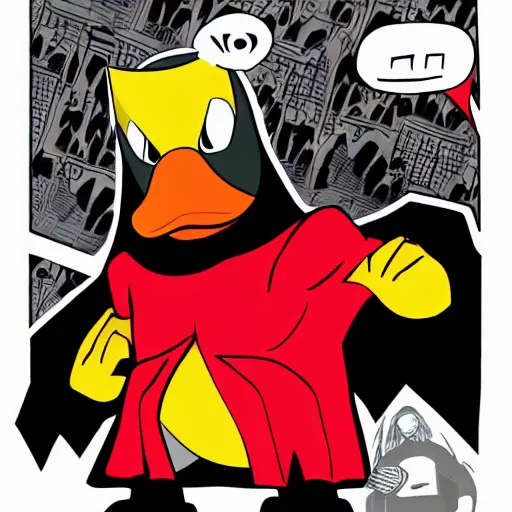 Image similar to An anthropomorphic duck wears a black superhero costume with a black mask and a red cape. Comic book style