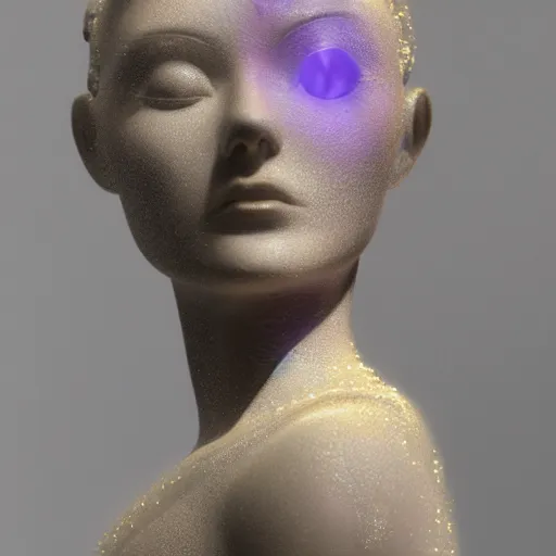 Prompt: abstract female sculpture made of white marble and amethyst crystals quartz, ethereal lights, fine details, artstation. com, film still, cinematic photoshooting, luxury, strong wind, dark mood, sad, cold colors, golden filigree, octane render