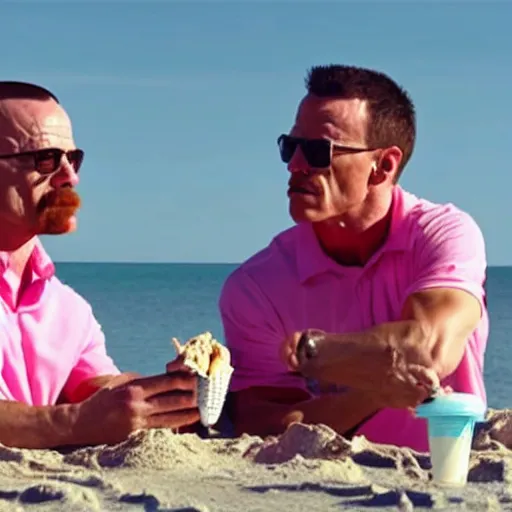 Prompt: walter white and john cena eating ice cream on the beach wearing pink shirts