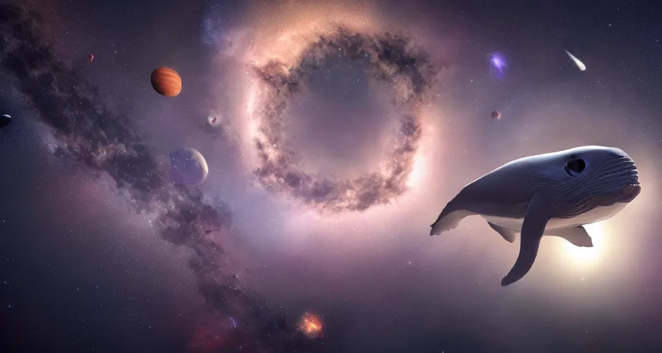 Image similar to high quality photo of big whale floating in dark beautiful space filled with stars, planets and galaxies, photorealism, 8k, rendered by unreal engine
