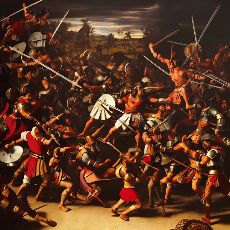 Prompt: ,The Spanish conquistadors fighting the Aztecs, dreamlike atmosphere, symmetrical baroque painting, perfect composition, amazingly detailed octane rendering, beautiful, detailed, intricate, trending on Artstation, 8K fine art photography, photorealistic, natural volumetric cinematic perfect light soft, chiaroscuro, award-winning photography, masterpiece, Raphael, Caravaggio, Greg Rutkowski, Beeple