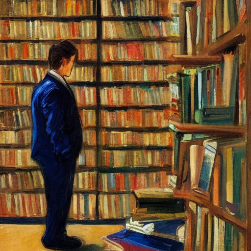 Image similar to a painting of a man in a suit in a city of bookshelves by harriet backer, trending on artstation