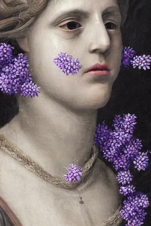 Prompt: hyperrealism close - up mythological portrait of a medieval woman's shattered face partially made of lilac flowers in style of classicism, wearing silver silk robe, dark palette