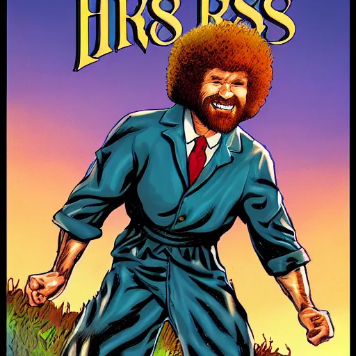 Prompt: Bob Ross as a comic book hero fighting off evil, happy, little trees, 4k, comic book cover