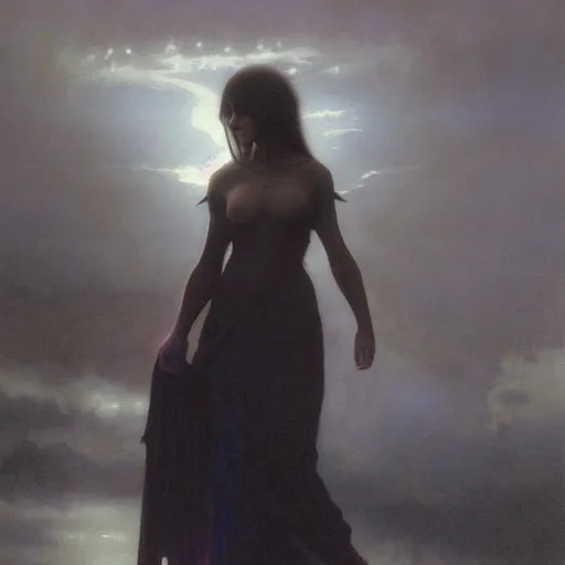 Prompt: concept art painting of attractive figure the called the ghost of the moonbow queen, black cloak, a rainbow in the dark, rainbow, by Michael Whelan, William Adolphe Bouguereau, John Williams Waterhouse, and Donato Giancola, cyberpunk, extremely moody lighting, glowing light and shadow, atmospheric, shadowy, cinematic, 8K