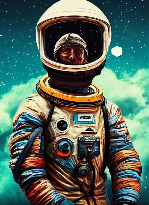 Image similar to a portrait of a man with a space suit on, a colorized photo by sam spratt, trending on cgsociety, retrofuturism, colorized, da vinci, art on instagram