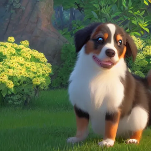 Image similar to a wholesome animation key shot of a spotted australian shepherd puppy, studio ghibli, pixar and disney animation, sharp, rendered in unreal engine 5, anime key art by greg rutkowski, bloom, dramatic lighting