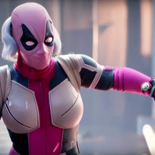 Image similar to A still of Gwenpool in Deadpool 3 (2023), no mask, blonde hair with pink highlights