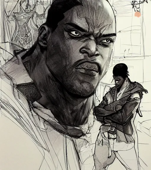 Image similar to black handsome guy, cartoon character, pen and ink, intricate line drawings, by craig mullins, ruan jia, kentaro miura, greg rutkowski, loundraw