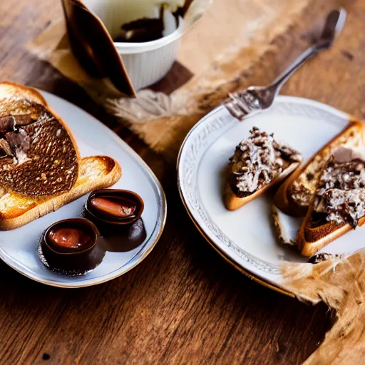 Image similar to toast with nutella and sardine, food photography, 5 0 mm f / 1. 6, sigma lens, elegant