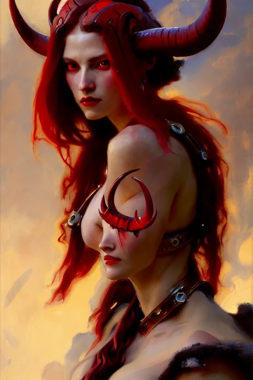 Image similar to painted close - up portrait of a attractive red - skinned intimidating demon cyborg girl with ram horns! oil painting, wearing a noblewoman's outfit, fantasy art by john singer sargent and gaston bussiere and james jean and greg rutkowski, demon noble character design, hd