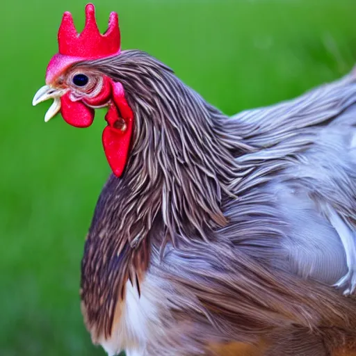 Prompt: A realistic photo of a chicken wearing a golden crown