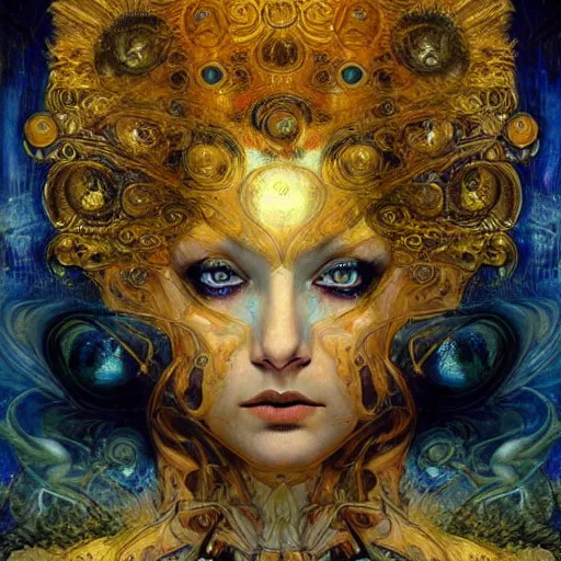 Prompt: Divine Chaos Engine by Karol Bak, Jean Deville, Gustav Klimt, and Vincent Van Gogh, beautiful visionary mystical portrait, sacred, otherworldly, fractal structures, ornate gilded medieval icon, third eye, spirals, handless, no hands