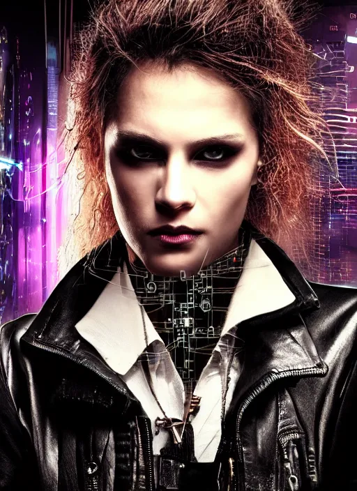 Prompt: portrait photo of a cyberpunk hacker in a leather jacket plugged into a quantum computer with cables and wires and optic fibers. cyberpunk horror style. art by luis royo. highly detailed 8 k! intricate!!