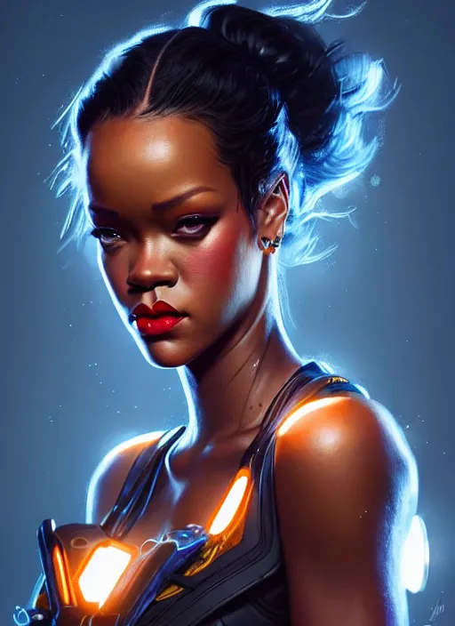 Image similar to portrait of apex legends rihanna, intricate, elegant, glowing lights, highly detailed, digital painting, artstation, glamor pose, concept art, smooth, sharp focus, illustration, art by artgerm and greg rutkowski, artey freytag