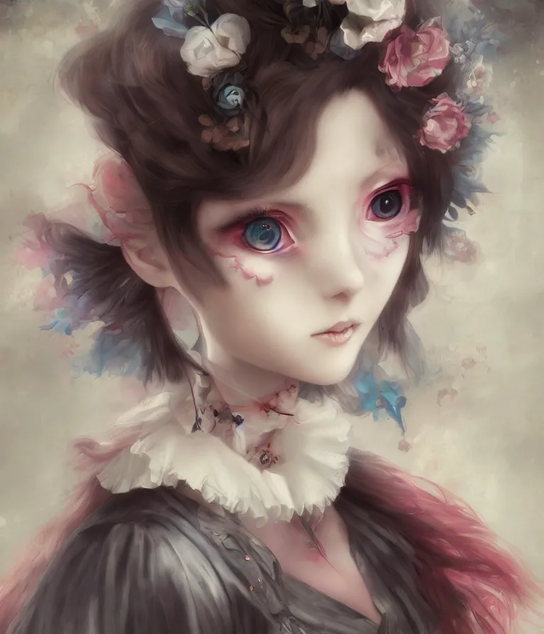 Image similar to anime 3 d art, wlop art, realistic marie antoinette girl painting, japanese street fashion, hyper realism, muted colours, rococo, natalie shau, anime, tom bagshaw style