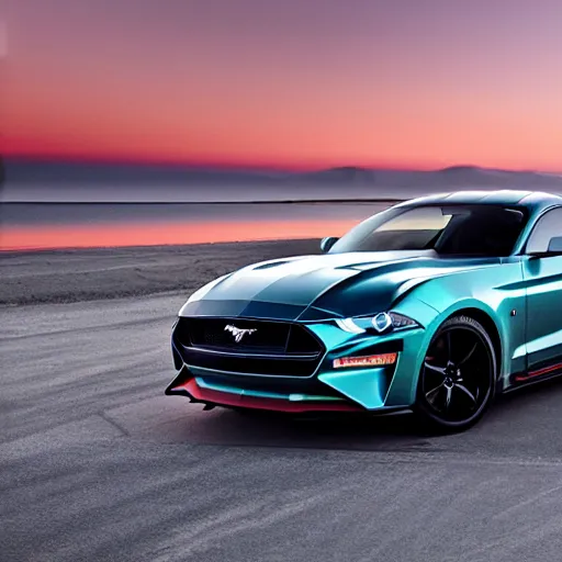 Prompt: photograph from Motor Trend magazine of the 2049 Ford Mustang concept car taken in the style of William Claxton