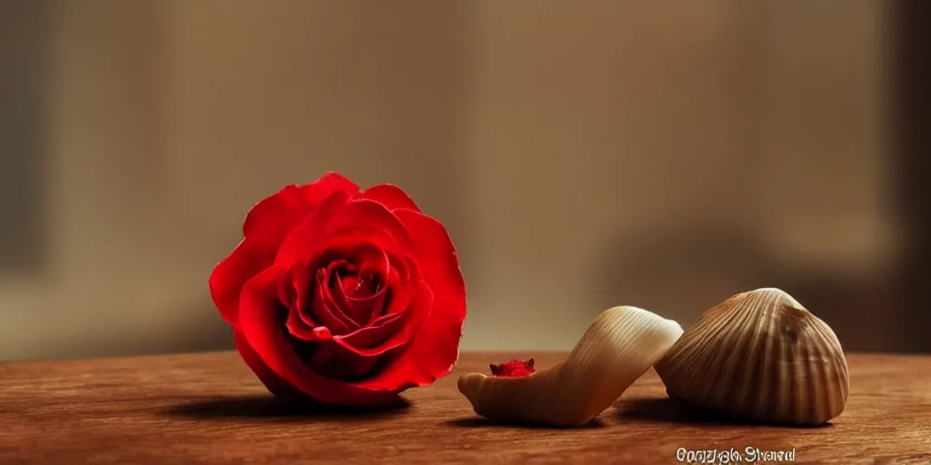 Prompt: a single red rose petal rests on a wooden table next to an intricate seashell, close up view, dramatic lighting, DOF, art nouveau, intricate artwork by Raymond Swanland and Ruan Jia