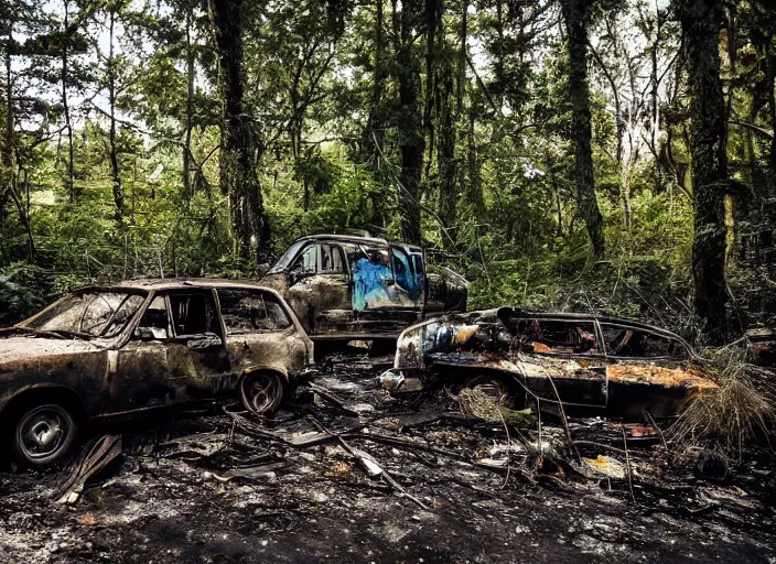Prompt: an overgrown street corner, derelict vehicles taken by the vegetation, a camp fire sits in the forest ground with trees framing the shot,