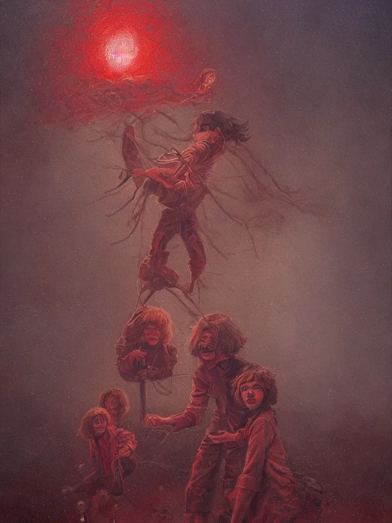 Image similar to a detailed painting with Mike Wheeler of Stranger Things being held by the red dust, bizarrely sinister sky, rain, fear, traces by Andrew Ferez, cg society, fantasy art, biomorphic, mystical, whimsical