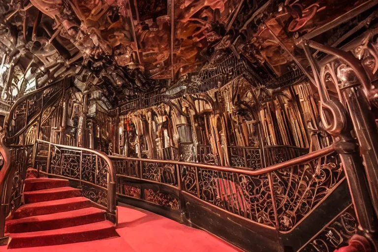 Image similar to the interior of the organ room at house on the rock made of red carpet and black wrought - iron, and is full of curved elevated walkways, interwoven catwalks, spiral ramps, and twisted staircases that are surrounded by cluttered arrangements of parts of pipe organs, clock gears, and engine components.