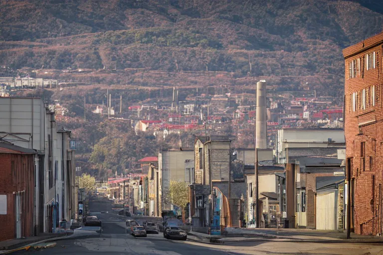 Image similar to looking down street, warehouses lining the street. hill background with radio tower on top. telephoto lens compression.