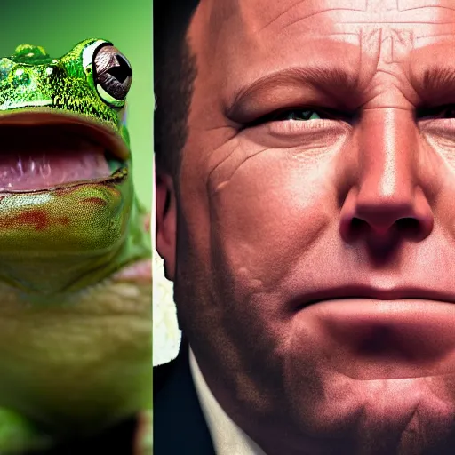 Image similar to hyperrealistic mixed media image of info wars alex jones, frog face, stunning 3 d render inspired art by xiang duan and thomas eakes, perfect facial symmetry, hyper realistic texture, realistic, highly detailed attributes and atmosphere, dim volumetric cinematic lighting, 8 k octane detailed render, post - processing, masterpiece,