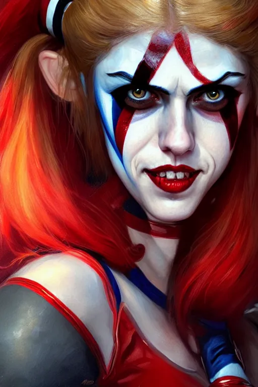 Image similar to alexandra daddario as harley quinn, realistic portrait, symmetrical, highly detailed, digital painting, artstation, concept art, smooth, sharp focus, illustration, cinematic lighting, art by artgerm and greg rutkowski and alphonse mucha