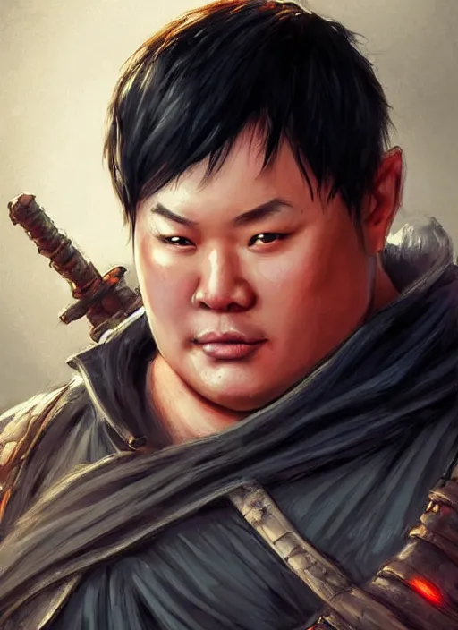 Image similar to slightly chubby asian man with medium black parted hair, dndbeyond, bright, colourful, realistic, dnd character portrait, full body, pathfinder, pinterest, art by ralph horsley, dnd, rpg, lotr game design fanart by concept art, behance hd, artstation, deviantart, hdr render in unreal engine 5
