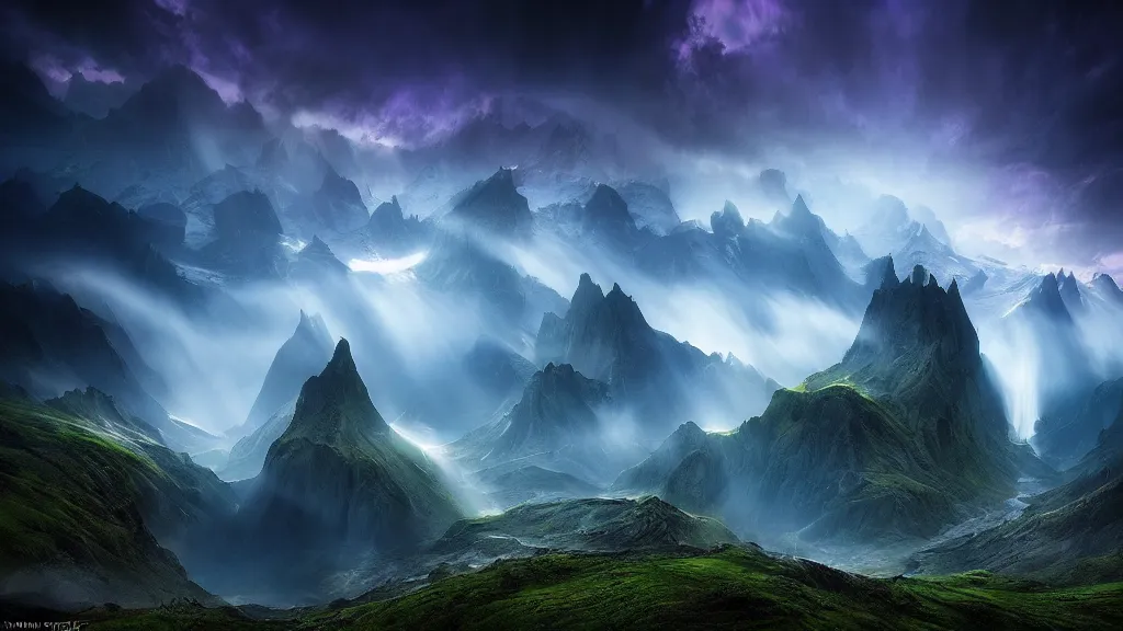 Image similar to amazing landscape photo of a fantasy world by marc adamus, beautiful dramatic lighting