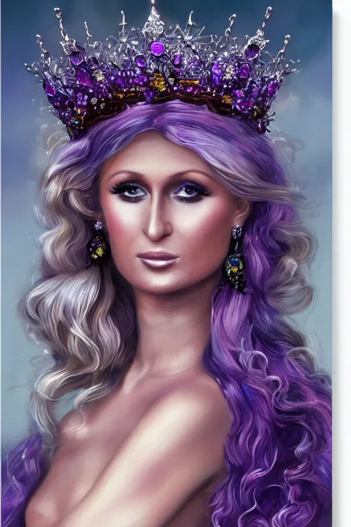 Image similar to closeup portrait fine art photo of the beauty paris hilton, she has a crown of stunning flowers and dress of purple satin and gemstones, background full of stormy clouds, by peter mohrbacher