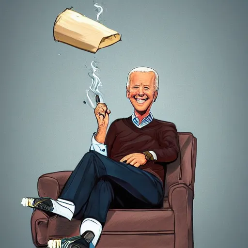 Prompt: joe biden is holding a giant rolled up joint while sitting on a couch in a messed up apartment, stoned eyes, smoke, beautiful digital art, amazing detail, artstation, award winning, sharp