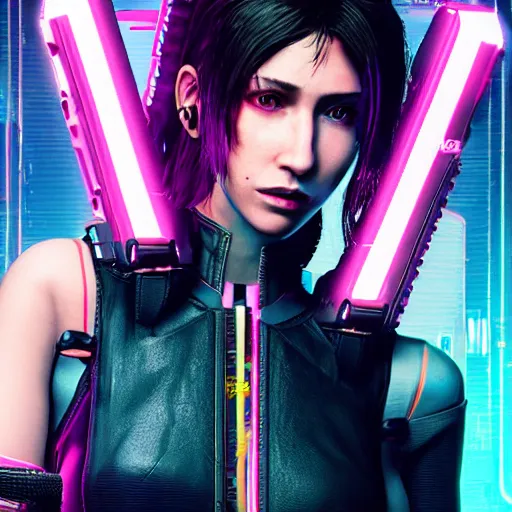 Prompt: female V from Cyberpunk 2077 wearing spiked choker, collar, choker, punk, collar, 4K, realistic, futuristic, neon,