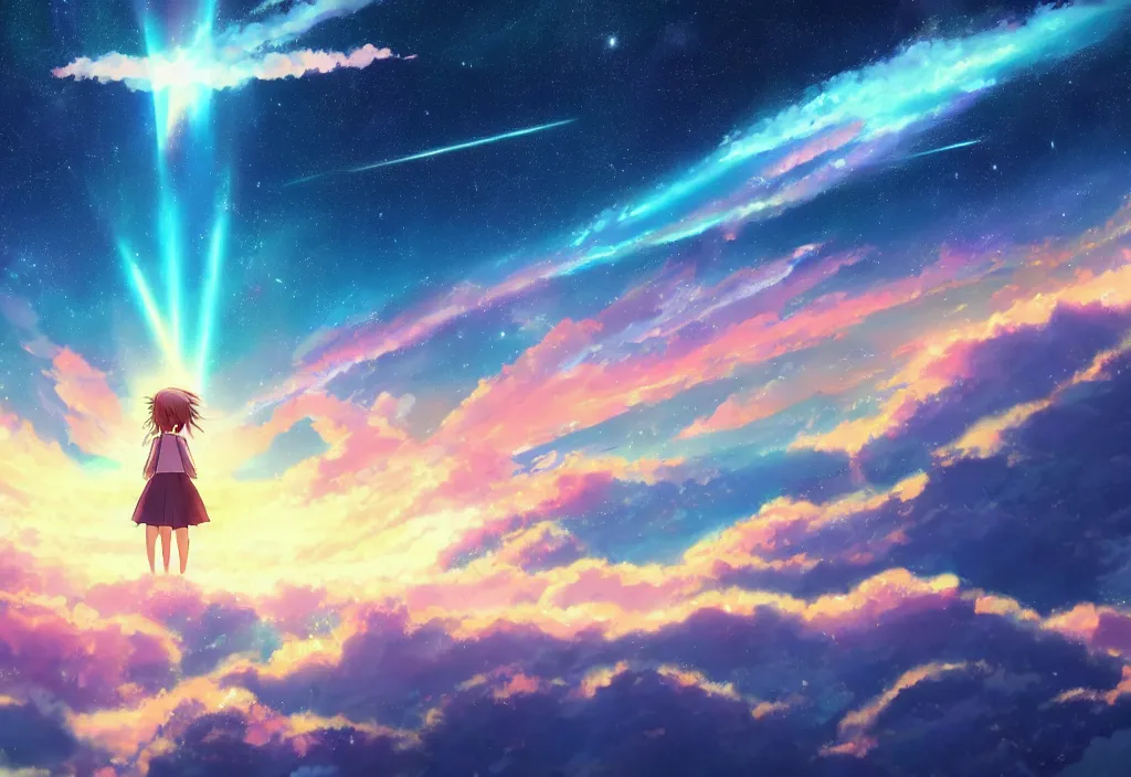 Prompt: breathtaking digital painting of the sky of kimi no na wa with hatsune miku angel, by celestialfang, ghibli, pastel colors and shooting stars in northern light love, lovers under skies