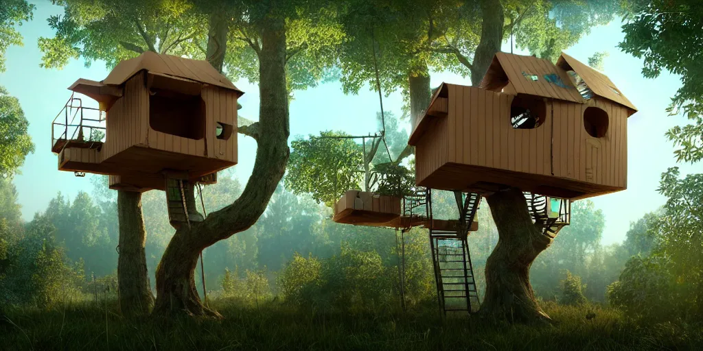 Image similar to a cardboard box treehouse, highly detailed, 8 k, hdr, award - winning, octane render, artstation, volumetric lighting