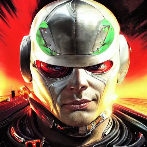 Image similar to a portrait of spawn in a racing helment by sandra chevrier, detailed render, epic composition, cybernetics, 4 k realistic, cryengine, realistic shaded lighting, sharp focus, masterpiece, by matteo scalera, gary montalbano, peter elson in the style of the tokyo ghost comic