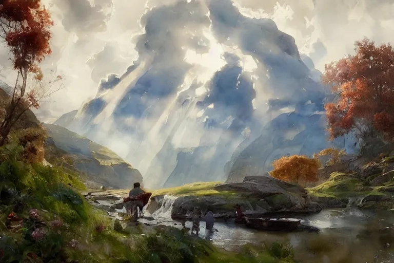 Prompt: watercolor painting of beautiful rustic view, magical, ambient lighting, art by hans gude, art by hans dahl, by jesper ejsing, art by anders zorn, wonderful masterpiece by greg rutkowski, cinematic light, american romanticism by greg manchess, creation by tyler edlin, heavy clouds and sun