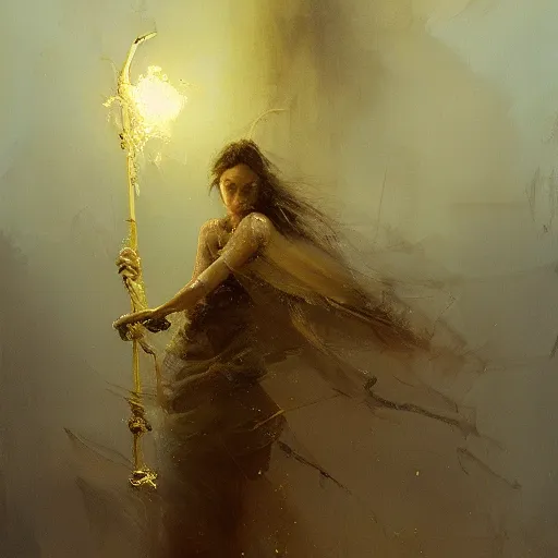 Image similar to painting of a beautiful surreal Harpey clutching a staff of luminous gold, veiled by mist, treading on a cloud, by Jeremy Mann and Jason Jenicke, detailed, stylized, loose brush strokes, intricate, realistic, exaggerated lighting, sense of scale, ferocious, sensual