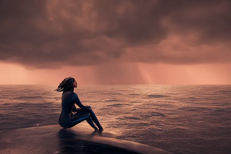 Image similar to A beautiful woman sitting on a giant open book in the middle of the ocean during a storm, dramatic lighting, cinematic, 8k HDR, highly detailed, high quality, octane render, unreal engine 5, path tracing, turbulent sea, concept art, trending on Artstation, dramatic scene