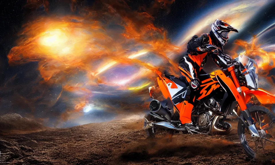 Prompt: Digital art of KTM XCW driving on a galaxy, 4k, highly detailed