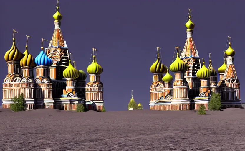 Prompt: a picture in colour high contrast by vasily vereshchagin of futuristic st. basil's cathedral on mars, cinema 4 d, visual art, 8 k resolution, 3 d modelling, studio lighting, masterpiece, vray