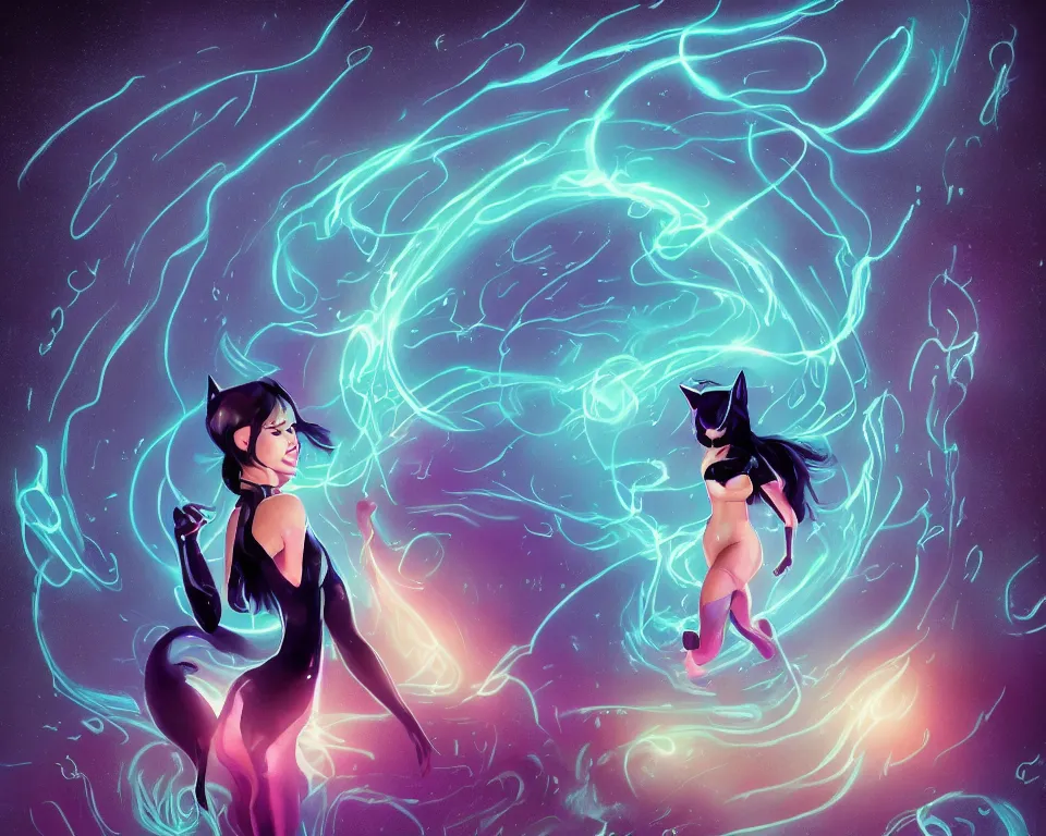 Prompt: beautiful whimsical cat woman standing in a lake in the moonlight, using magic, under a multi-colored binary blackhole with an accretion disc, glowing trails following her arms, wearing professional makeup, acidwave, by Lois van Baarle, by Greg Rutkowski, by artgerm, by beeple, by studio ghibli, cinematic angle, volumetric lighting, 4k resolution, octane render, trending on artstation, masterpiece