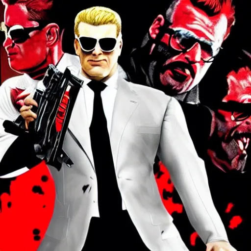 Prompt: duke nukem as the american psycho, staring intensely, duke nukem art style, explosive background, cinematic still