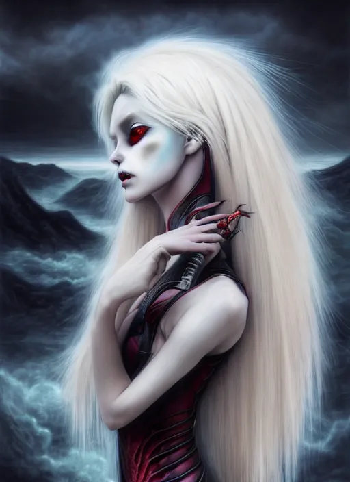 Image similar to realistic detailed image of a young beautiful female vampire-dragon-cyborg, bleach hair blowing in an angry and stormy moody atmosphere, anime art, anime, inspired by H.R. Giger and Zdzislaw Beksinski and Mark Ryden, gothic, rich deep colors. A masterpiece, matte painting, digital art, trending on artstation.