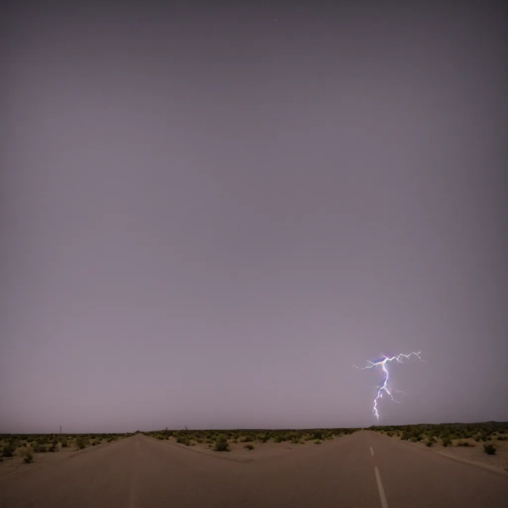 Prompt: road at night desert distant flash of lightning cinematic still