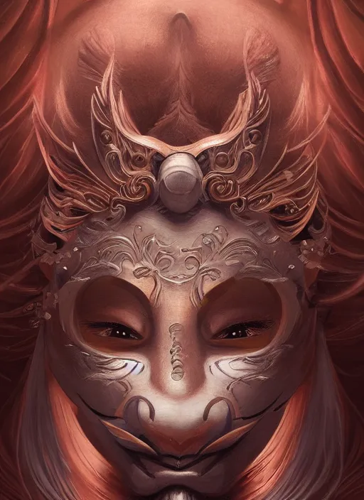 Image similar to a beautiful detailed oil on copper art illustration of a japanese oni kitsune mask shogun woman, the mask is broken, centered, by charlie bowater, zeng fanzh, trending on artstation, dim dusk lighting, cinematic lighting, detailed lighting, volumetric lighting, realistic, f 8, 4 k hd wallpaper