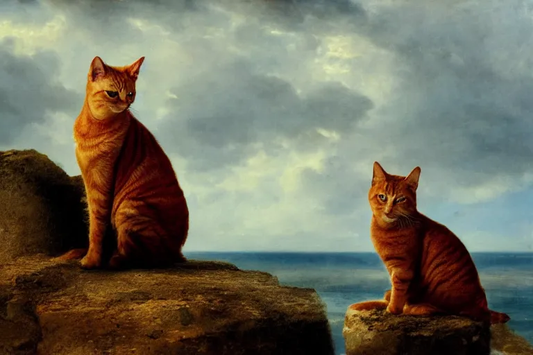 Prompt: orange tabby cat sitting on a rock looking over the ocean, realistic lighting, highly detailed, rule of thirds, by charles angrand, peder balke