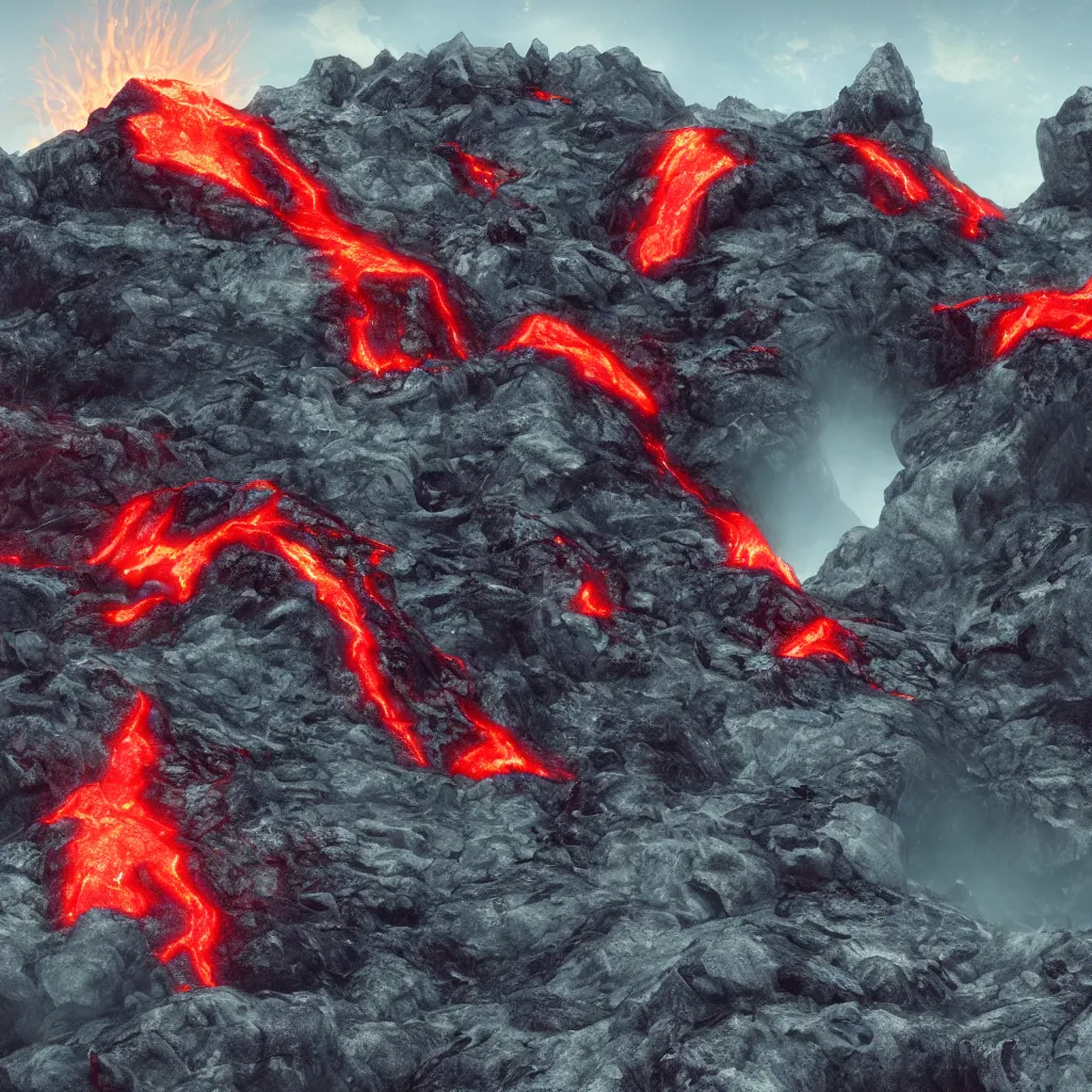 Image similar to satanic mountain goats 🐐 with glowing red eyes, on a sheer obsidian cliffside with lavaflow, lava waterfalls, photorealistic landscape render, octane render, vray, pools of lava, beautiful, ambient occlusion, particle effects, breaking ocean waves, light bloom, rtx, wide shot