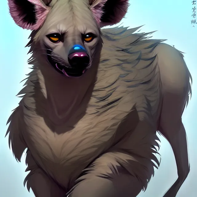 Prompt: character concept art of a male anthropomorphic furry spotted hyena | | cute - fine - face, pretty face, key visual, realistic shaded perfect face, fine details by stanley artgerm lau, wlop, rossdraws, james jean, andrei riabovitchev, marc simonetti, and sakimichan, trending on artstation